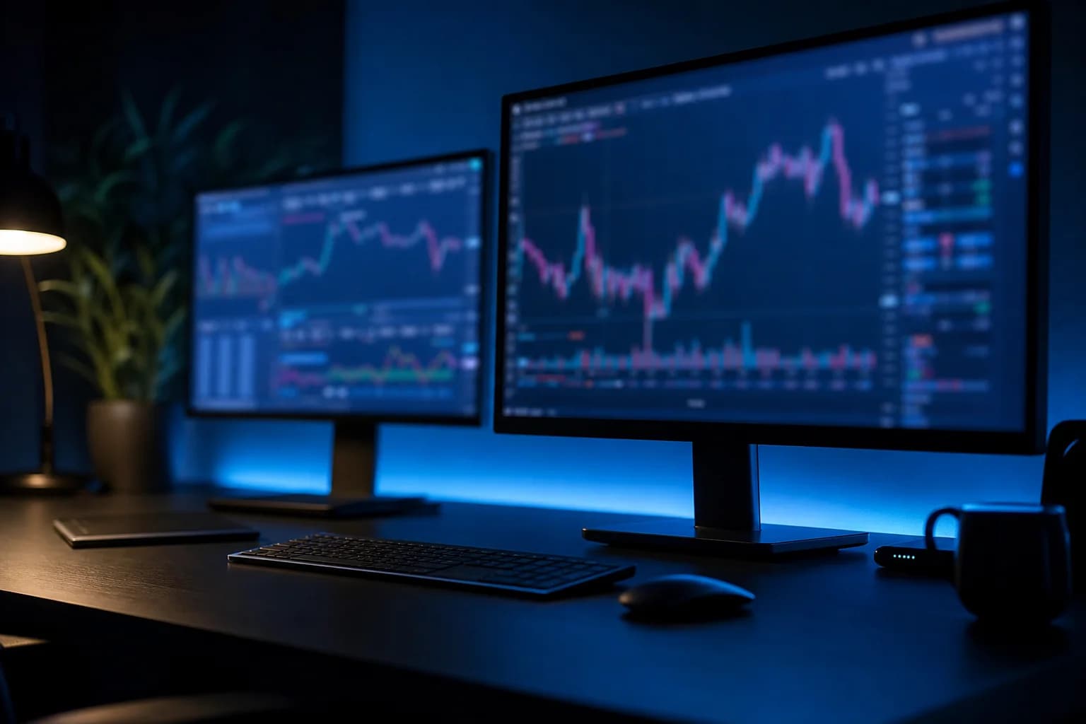A dark trading desk running automated software overnight